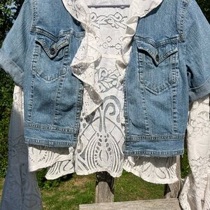 Upcycled Short sleeved denim shirt with lace